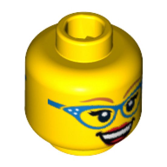 Minifigure, Head Dual Sided Female Glasses with Blue Frame, Medium Nougat Eyebrows, Red Lips, Smirk / Open Smile Pattern - Hollow Stud