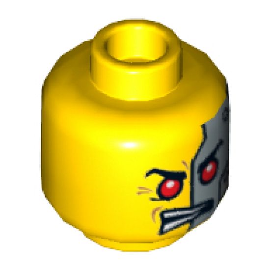 Minifigure, Head Dual Sided Alien with Red Eyes, Silver Head Plates / Black Eyebrows and Crooked Smile Pattern - Hollow Stud