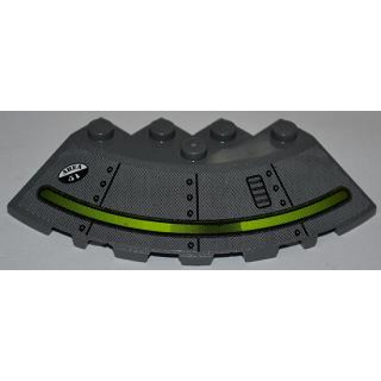 Brick, Round Corner 6 x 6 with Slope 33 Edge, Facet Cutout with Alien Ship Dark Gray Pattern and 'AREA 51' (Sticker) - Set 7052