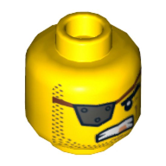 Minifigure, Head Male Eyepatch Silver with Rivets, Gold Tooth, Stubble Pattern (MetalBeard) - Hollow Stud