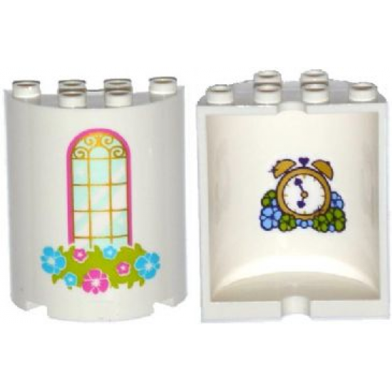 Cylinder Half 2 x 4 x 4 with Window and Flower Box Pattern with Alarm Clock and Flowers on Inside Pattern (Sticker) - Set 41142