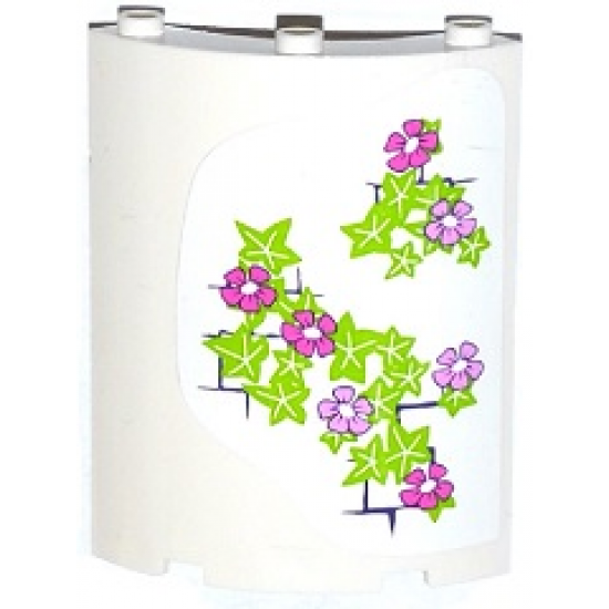 Cylinder Quarter 4 x 4 x 6 with Bright Pink and Dark Pink Flowers, Leaves and Brick Wall Pattern on Right (Sticker) - Set 41052