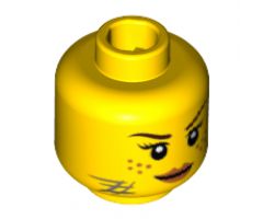 Minifigure, Head Female Dark Brown Eyebrows, Dark Orange Freckles, Eyelashes, Dark Bluish Gray Scratches, Dark Orange Lips Pattern - Hollow Stud