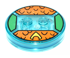 Dimensions Toy Tag 4 x 4 x 2/3 with 2 Studs and Trans-Light Blue Bottom with Yellow Symbol and Black Scales on Orange Background Pattern (Aquaman)