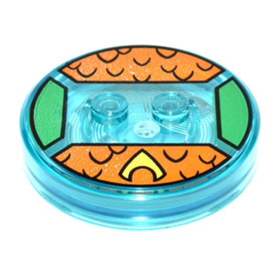 Dimensions Toy Tag 4 x 4 x 2/3 with 2 Studs and Trans-Light Blue Bottom with Yellow Symbol and Black Scales on Orange Background Pattern (Aquaman)
