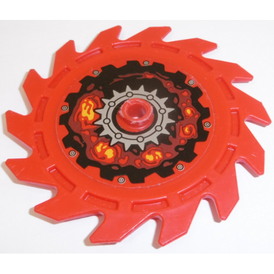 Technic Circular Saw Blade 9 x 9 with Pin Hole and Teeth in Same Direction with Silver Gear, Rivets and Lava Energy Pattern (Sticker) - Set 70323
