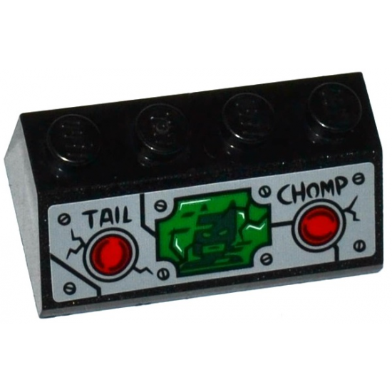 Slope 45 2 x 4 with 2 Red Buttons, 'TAIL', 'CHOMP' and Batman Head on Green Screen Pattern (Sticker) - Set 76055