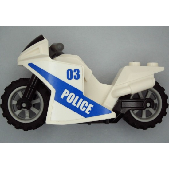 Motorcycle Sport Bike with Black Windshield Pattern, Black Frame, Light Bluish Gray Wheels and Dark Bluish Gray Handlebars with Gold Badge with '03' and 'POLICE' Pattern on Both Sides (Stickers) - Set 60139
