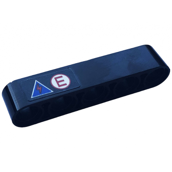 Technic, Liftarm Thick 1 x 5 with Red Letter 'E' and Red Flash in a Blue Triangle Pattern (Sticker) - Set 42123