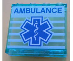 Panel 1 x 4 x 3 with Side Supports - Hollow Studs with Blue 'AMBULANCE' and EMT Star of Life on White Striped Background Pattern (Sticker) - Set 60204