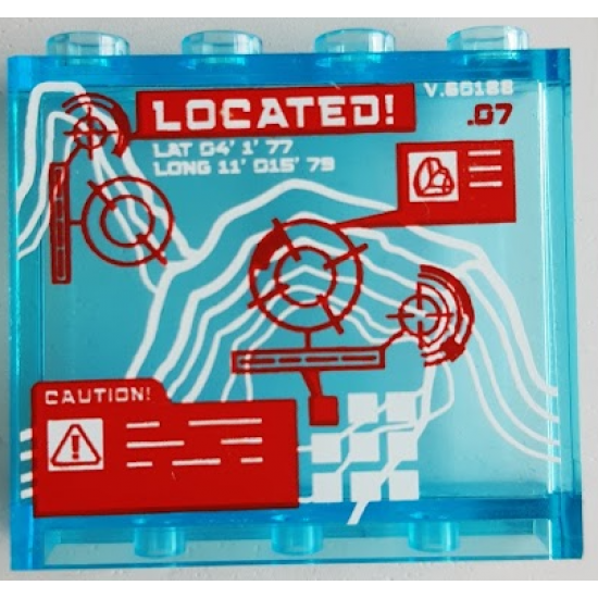 Panel 1 x 4 x 3 with Side Supports - Hollow Studs with Red Crosshairs, 'LOCATED!' and 'CAUTION!' on White Map Pattern (Sticker) - Set 60188