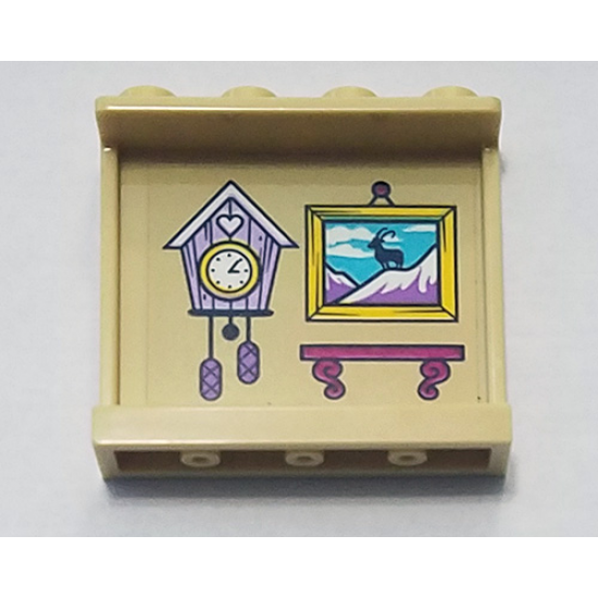 Panel 1 x 4 x 3 with Side Supports - Hollow Studs with Lavender Cuckoo Clock, Painting and Magenta Shelf Pattern (Sticker) - Set 41323