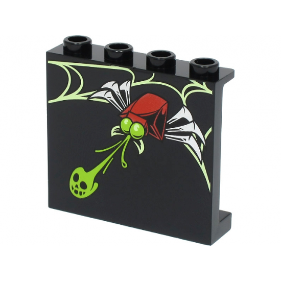 Panel 1 x 4 x 3 with Side Supports - Hollow Studs with Yellowish Green Web, Lime Skull and Red Spider with Silver Legs Pattern