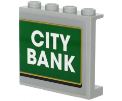 Panel 1 x 4 x 3 with Side Supports - Hollow Studs with White 'CITY BANK' on Green Background with Gold Outline Pattern (Sticker) - Set 60245