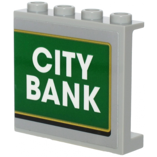 Panel 1 x 4 x 3 with Side Supports - Hollow Studs with White 'CITY BANK' on Green Background with Gold Outline Pattern (Sticker) - Set 60245