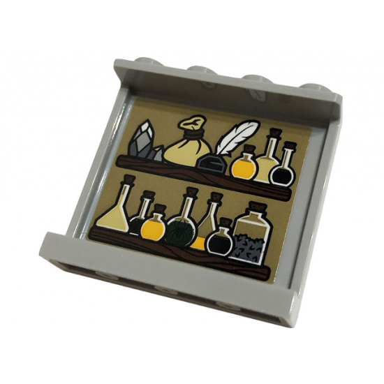 Panel 1 x 4 x 3 with Side Supports - Hollow Studs with Wooden Shelves, Bottles, Feather and Potions Pattern on Inside (Sticker) - Set 76383