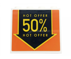 Panel 1 x 4 x 3 with Side Supports - Hollow Studs with Black Arrow on Orange Background and 'HOT OFFER 50%' Pattern (Sticker) - Set 60258