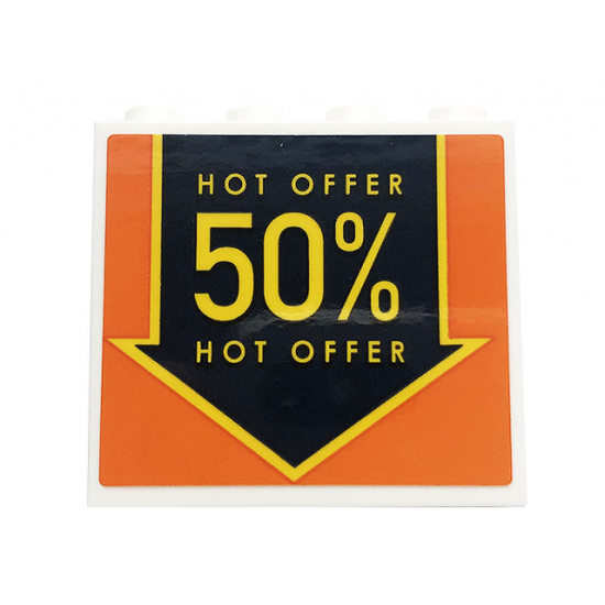 Panel 1 x 4 x 3 with Side Supports - Hollow Studs with Black Arrow on Orange Background and 'HOT OFFER 50%' Pattern (Sticker) - Set 60258