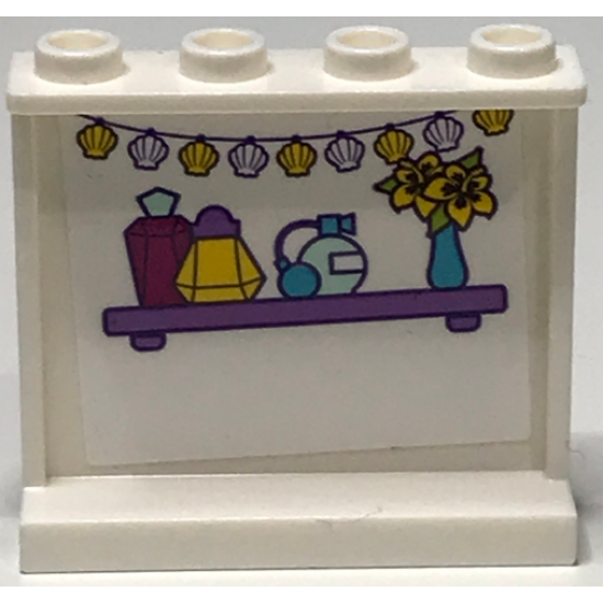 Panel 1 x 4 x 3 with Side Supports - Hollow Studs with Perfume Bottles and Flowers on Shelf and Sea Shells Pattern (Sticker) - Set 41317