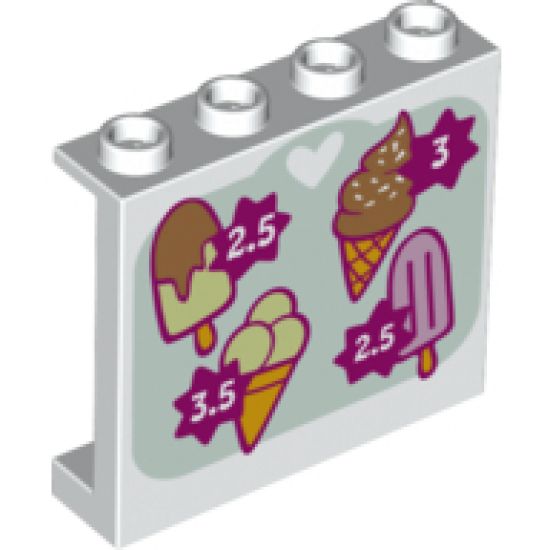 Panel 1 x 4 x 3 with Side Supports - Hollow Studs with Sign with 4 Ice Cream Cones and Prices Pattern