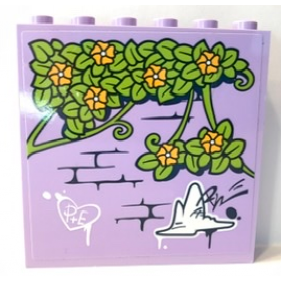 Panel 1 x 6 x 5 with Lime Leaves and Bright Light Orange Flowers on Lavender Brick Wall with Graffiti Pattern (Sticker) - Set 41365
