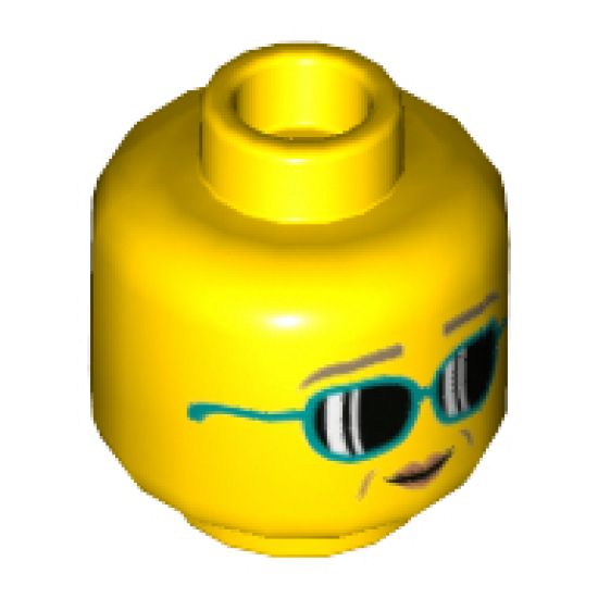 Minifigure, Head Dual Sided Female Dark Tan Eyebrows, Medium Nougat Crow's Feet, Peach Lips, Smile / Dark Turquoise Sunglasses Pattern - Hollow Stud
