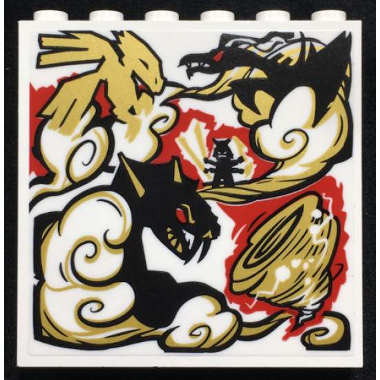 Panel 1 x 6 x 5 with Black, Gold, Red and White Dragon, Ninja Minifigure, Cloud and Tornado Pattern (Sticker) - Set 70670