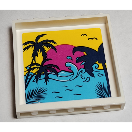 Panel 1 x 6 x 5 with Medium Azure Waves, Dark Blue Palm Trees, Magenta Sun, and Yellow Sky Sunset Pattern (Sticker) - Set 41374