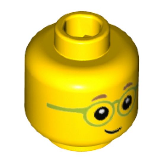 Minifigure, Head Child Medium Nougat Eyebrows, Lime Glasses Pattern - Hollow Stud