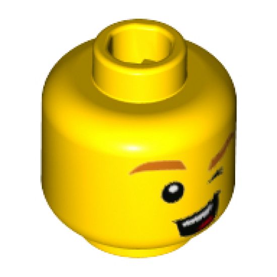 Minifigure, Head Orange Eyebrows, Winking Left Eye, Open Mouth with Teeth and Tongue Pattern - Hollow Stud