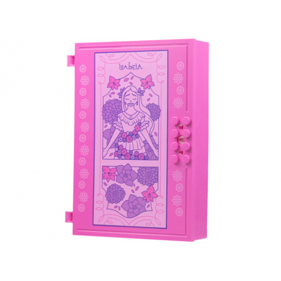 Container, Book Cover Half, 16 x 12 x 2 2/3 with Lock Compartment (Storybook Adventures) with 'ISABELA' and Flowers, Bright Pink Panel Pattern