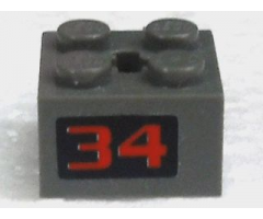 Hinge Brick 2 x 2 Locking with 2 Fingers Vertical and Axle Hole with Red '34' on Black Background Pattern (Sticker) - Set 4589
