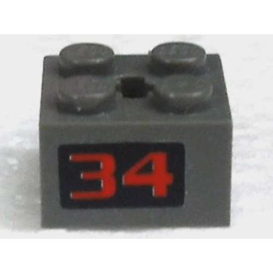 Hinge Brick 2 x 2 Locking with 2 Fingers Vertical and Axle Hole with Red '34' on Black Background Pattern (Sticker) - Set 4589