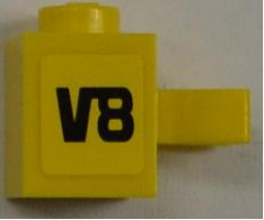 Brick, Modified 1 x 1 with Open U Clip (Vertical Grip) - Solid Stud with Black 'V8' Pattern Model Left Side (Sticker) - Set 8186