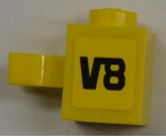 Brick, Modified 1 x 1 with Open U Clip (Vertical Grip) - Solid Stud with Black 'V8' Pattern Model Right Side (Sticker) - Set 8186