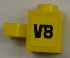 Brick, Modified 1 x 1 with Open U Clip (Vertical Grip) - Solid Stud with Black 'V8' Pattern Model Right Side (Sticker) - Set 8186