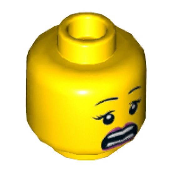 Minifigure, Head Dual Sided Female Black Eyebrows, Red Lips, Scared / Smile with Teeth Pattern - Hollow Stud