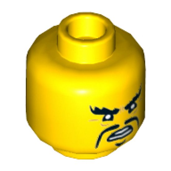 Minifigure, Head Black Angry Eyebrows and Moustache Fu Manchu Pattern - Hollow Stud