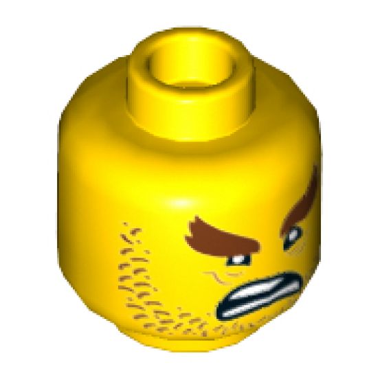Minifigure, Head Beard Reddish Brown Stubble, Reddish Brown Bushy Eyebrows, Wrinkles, Open Mouth Scowl Pattern - Hollow Stud