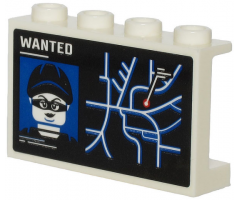Panel 1 x 4 x 2 with Side Supports - Hollow Studs with White 'WANTED', Minifigure on Wanted Poster and City Map Pattern (Sticker) - Set 60245