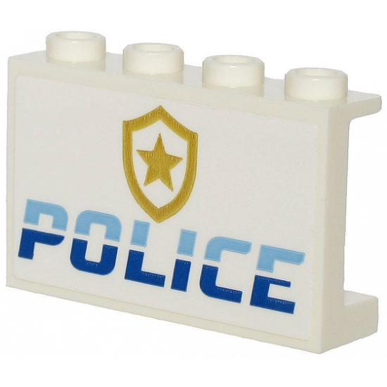 Panel 1 x 4 x 2 with Side Supports - Hollow Studs with Medium Blue and Blue 'POLICE' and Gold Star Badge Logo on White Background Pattern (Sticker) -
