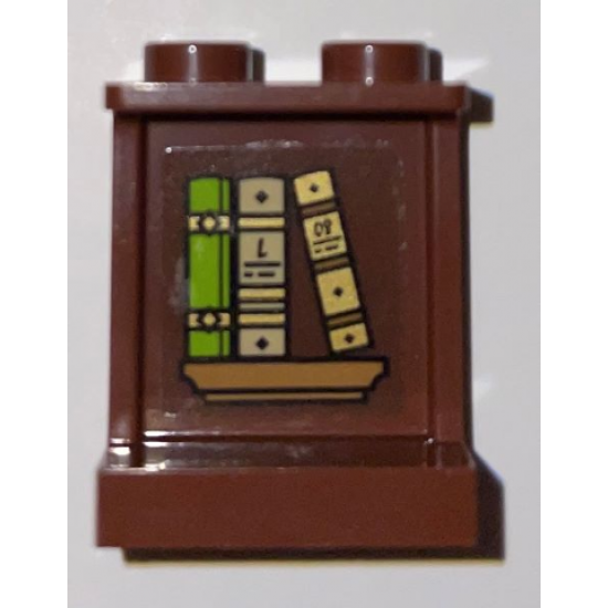 Panel 1 x 2 x 2 with Side Supports - Hollow Studs with Lime, Dark Tan, and Gold Books, Medium Nougat Shelf Pattern (Sticker) - Set 75969