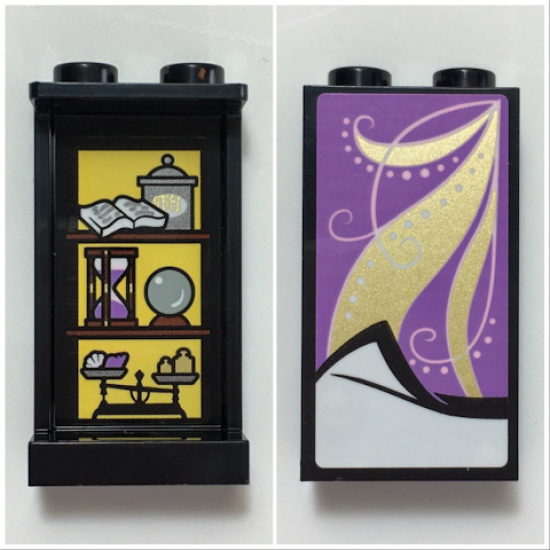 Panel 1 x 2 x 3 with Side Supports - Hollow Studs with Medium Lavender Blanket with Gold Highlights on Outside and Shelves with Book, Jar, Hourglass, Crystal Ball, and Scales on Inside Pattern (Stickers) - Set 41196