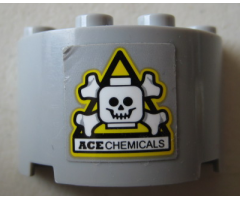 Cylinder Half 2 x 4 x 2 with 1 x 2 Cutout with Skull and Crossbones Danger Sign and Black 'ACE CHEMICALS' Pattern (Sticker) - Set 70914