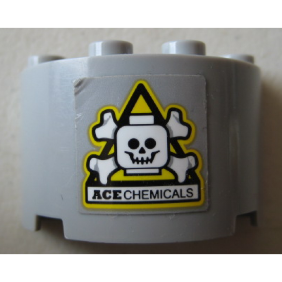 Cylinder Half 2 x 4 x 2 with 1 x 2 Cutout with Skull and Crossbones Danger Sign and Black 'ACE CHEMICALS' Pattern (Sticker) - Set 70914