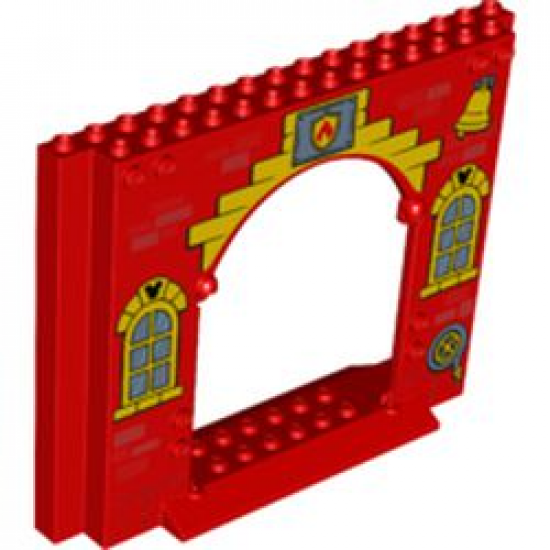 Panel 4 x 16 x 10 with Curved Yellow Windows with Bricks and Mickey Mouse Logo, Fire Logo Badge, Yellow Bell and Hose Reel Pattern