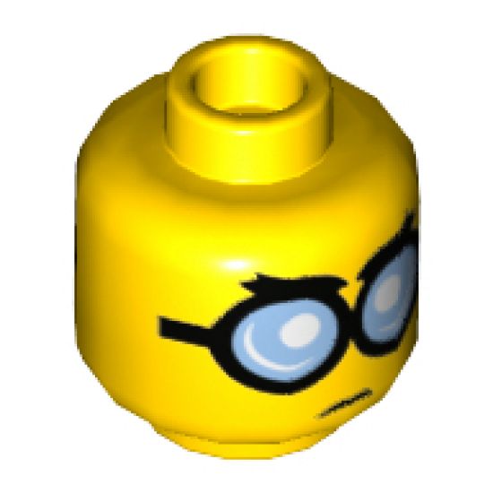 Minifigure, Head Dual Sided with Glasses Round with Bright Light Blue Lenses and Black Frames, Frown / Surprised Pattern (Steve) - Hollow Stud