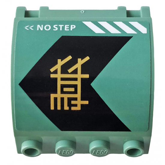 Panel 3 x 4 x 3 Curved with Double Clip Hinge with 'NO STEP', White Stripes, and Gold Ninjago Logogram 'Lloyd' on Black Arrow Pattern Model Right Side (Sticker) - Set 70612