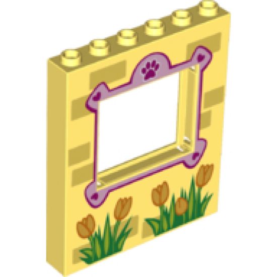 Panel 1 x 6 x 6 with Window Frame with Paw and Hearts, Bricks and Tulips Pattern