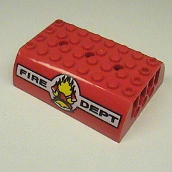 Slope, Curved 6 x 8 x 2 Double with 'FIRE DEPT', Fire, 2 Axes and Red Helmet Pattern